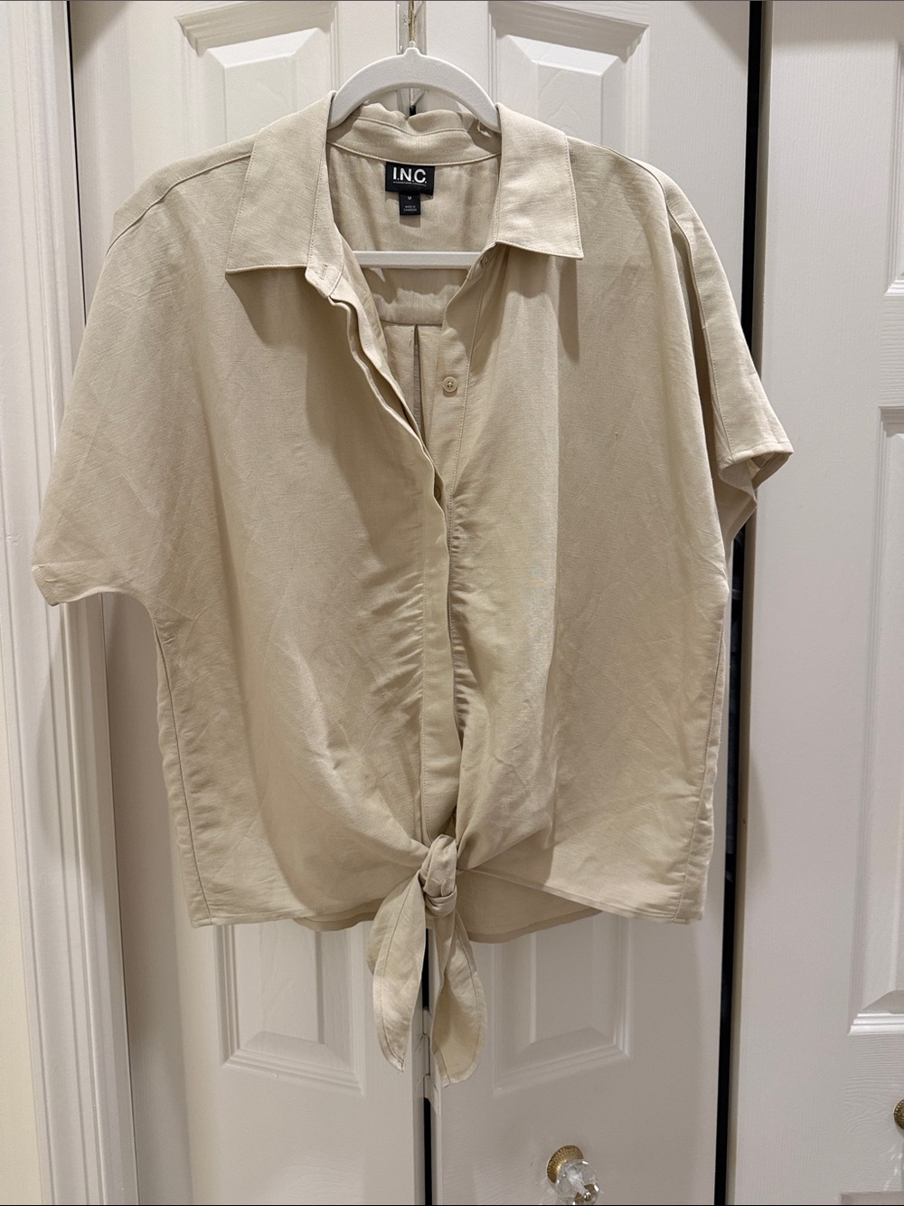 INC International Concepts Beige Short-Sleeve Tie-Front Button Shirt